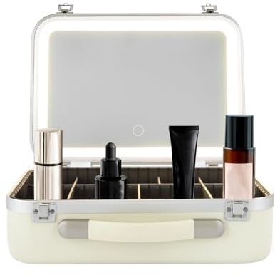 Bolsa de maquillaje, maletín de maquillaje, organizador de cosméticos, bolsa de viaje con luces y espejo, maletín de maquillaje con cerradura, Blanco, Maletín de maquillaje