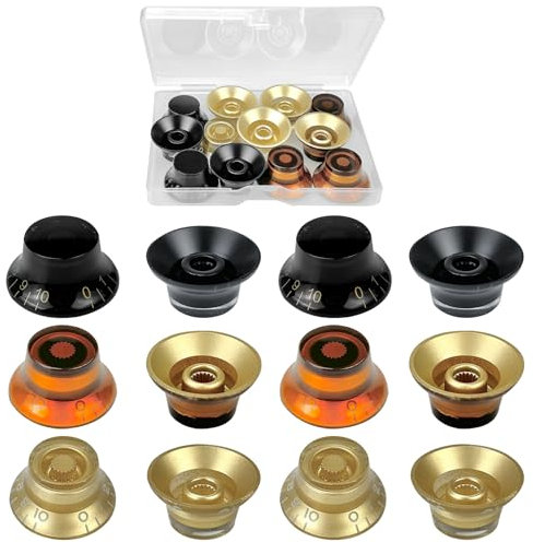 12stk Gitarren-Lautstärkeregler, Potentiometer-knopf, E-Gitarren Bass Knobs, E-gitarren-knopf, Potiknöpfe mit Wort für Speed Volume Tone, Bassgitarre, Elektrische Gitarre (Schwarz, Gold, Bernstein)