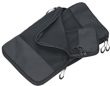 Reise-Kompressionstaschen Set – TROIKA BLACK PACKING CUBES – 3 Packtaschen mit zusätzlichem Kompressionsreißverschluss für platzsparendes Packen von Kleidung in Koffer & Rucksack