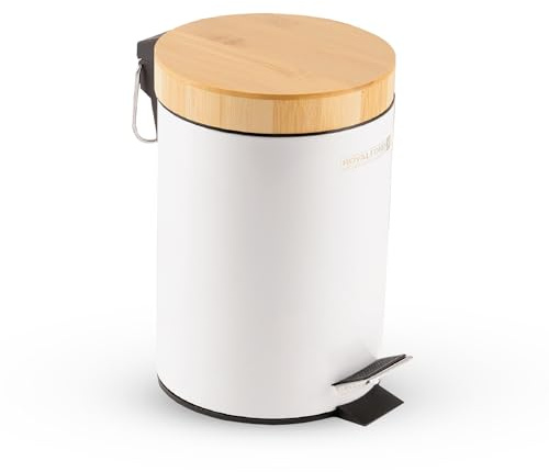 Royalford 5L Round Pedal Bin with Bamboo Lid & Removable Basket - Soft Close Kitchen Waste Container for Bedroom, Bathroom, Office - White