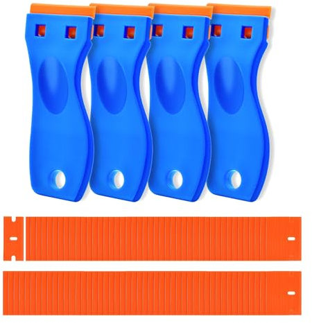 4 Pcs Plastic Razor Blade Scraper and 120 Pcs Blades, Remove Label Decal Tool,Forwithout Scratches Plastic Razor Blade Scraper, Adhesive Remover for Kitchen Appliances,Stickers and Paints on Window