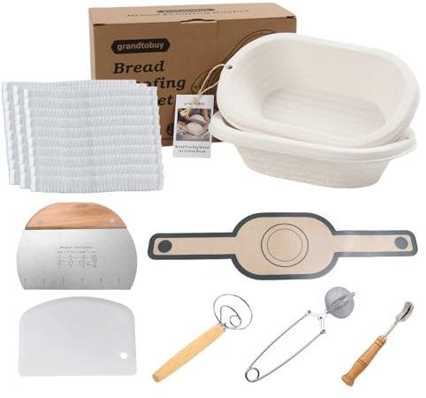 grandtobuy Pulp Bread Proofing Basket 2X 11 inch Oval Banneton Bortform Sourdough Bread Baking Supply with Baking Mat Flour Sieve Dough Whisk Bowl Scraper 30pcs Disposable Non-Woven Liner