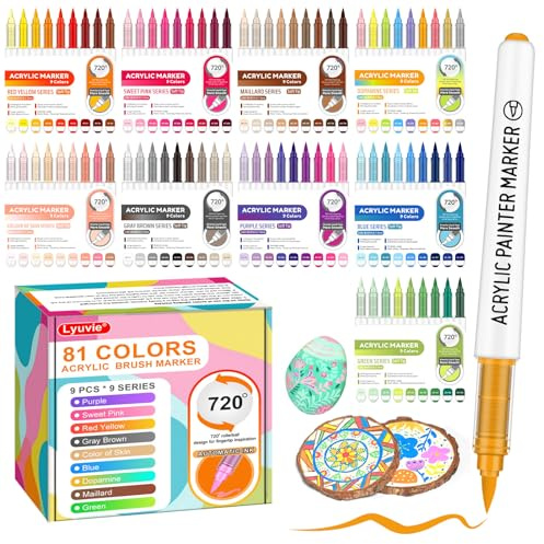 Lyuvie 81 Couleurs Feutres Acrylique, 1-6mm Marqueur Peinture Acrylique Stylo Pointe Pinceau - Acrylic Paint Marker à Base D'eau pour Pierres, Papier, Tissus,Bois, Cailloux,Verre et Plastique