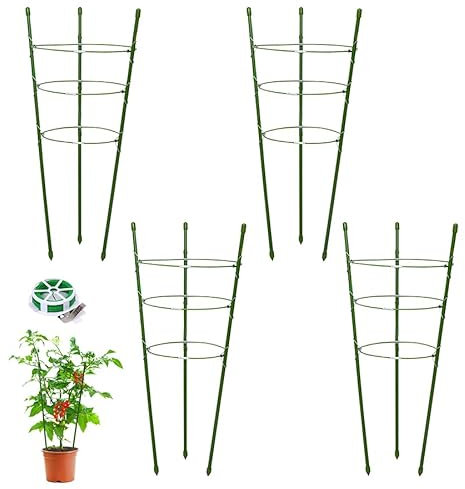 MYMULIKE Tomaten Rankhilfe 4 Sätze, Tomato Rack Round Green 45CM, Einstellbar Rankstütze Für Kletterpflanzen Rund, Geeignet für Tomaten, Gurken, Zimmerpflanzen, Gartenpflanzen with tie 20M/1 roll