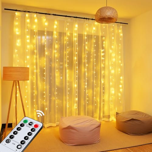 Hoteril Lichtervorhang 2.4 x 1.8m, Lichterketten Vorhang Lichterkettenvorhang 8 Modi mit Timer für Lichterkette Fenster Innen Außen Deko, Party Weihnachten Wand