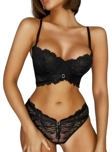 PARUPRUP Femme Sexy 2 Pièces Ensemble Babydoll Lingerie Dentelle Florale Nuisette Push Up Soutien Gorge à Armatures et Transparent Culotte Bretelles Réglables Col en V sous-Vêtements (Noir, M)
