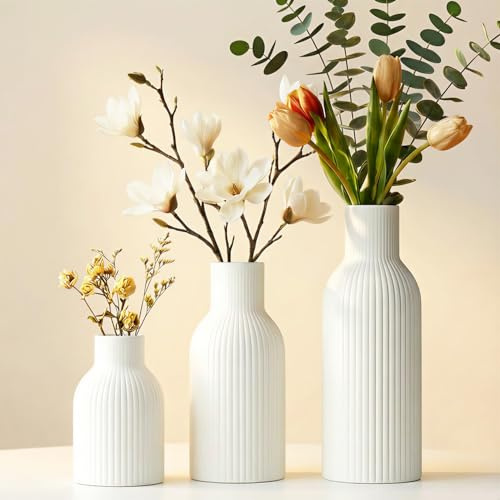 OFFASST 3 Piezas Jarrón Decorativo Moderno | Jarrones de Cerámica para Flores Secas y Pampas | Decoración de Mesa en Blanco | Diseño Escandinavo Minimalista para Salón