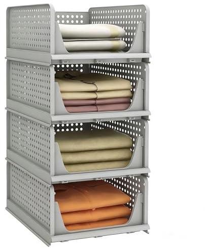 4 Pcs Organizador Armario, Cajones Extraibles Apilables y Plegables para Armarios, Cajas Almacenaje Ropa de Plastico,Separadores para Ropa Cocina Dormitorio Baño - 33 x 43 x 18 cm, Gris Oscuro