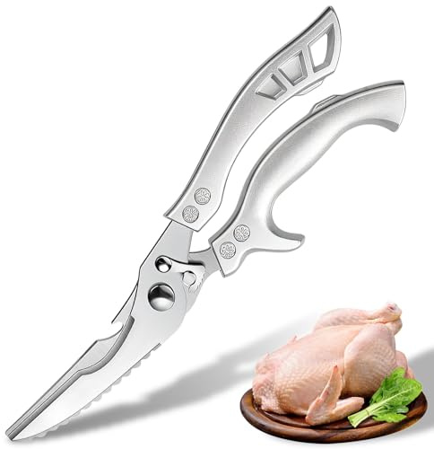 Plys Kitchen Scissors Heavy Duty: Poultry Shears for Meat and Chicken, Food Scissors for Cooking, Plastic Handle, Silver