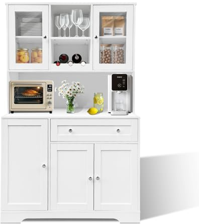 RBFGYIOP Armoire de cuisine de 180 cm de haut – Buffet moderne avec vitrine, tiroirs et étagères spacieux, micro-ondes ouvert, armoire de bar de style maison de campagne pour salon et salle à manger