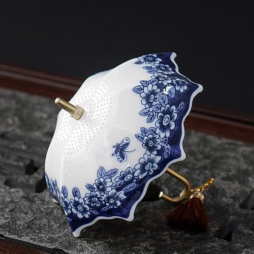 Filtro per tè in ceramica a forma di ombrello, filtro per foglie di tè sfuse in porcellana con design rotante, raffinato filtro per tè tradizionale a forma di ombrello (Fiore Blu)