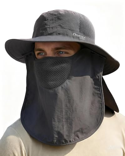 FURTALK Sun Hats for Men Women Fishing Hat with Face Cover Neck Flap UPF 80+ Wide Brim Hiking Safari Summer Bucket Hats Dark Grey