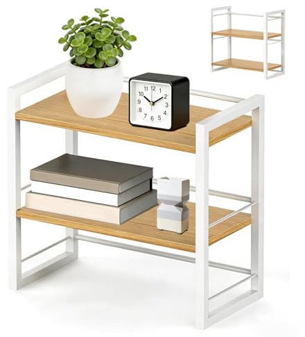 CAAGGMM Skrivbordshylla organisatör trä, 40 x 20 x 37 cm tvåvånings skrivbordshylla, bordshylla skrivbord, för skrivbord, vardagsföremål, kryddor, muggar, vit