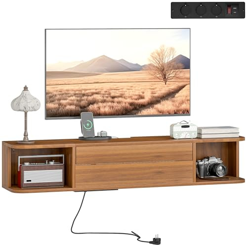 HOMCOM Mobile TV Sospeso con Prese di Corrente, USB e Tipo C, Mobile Porta TV Fino a 50, Cassetto Scorrevole, Ripiani Aperti, Fori Passacavi per Soggiorno o Camera da Letto, 120x24x22.4 cm, Noce
