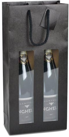 Sac 2 Bouteilles Kraft Noir avec fenêtre poignées cordelières - 10 Sacs