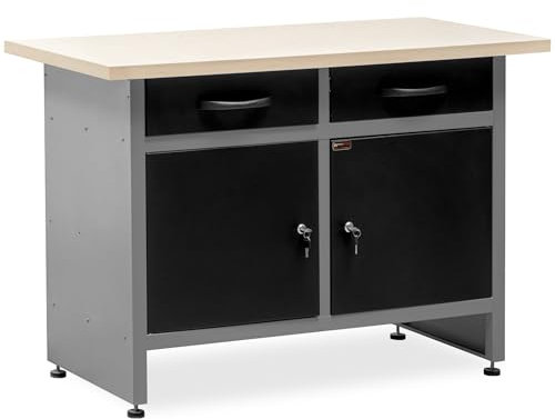 METALLMOBELL - Banco de Trabajo Profesional | 120x60x84cm, Cajones y Armario con Llave | Mesa de Trabajo Taller, Banco de Trabajo Taller, Mesa Trabajo, Banco de Carpintero, Banco Herramientas -MB006