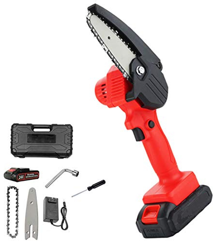 Mini Motosierra Portátil Inalámbrica, Sierra Electrica 24 V, 4 Pulgadas para Corte De Madera, Poda De Ramas, Mini Chainsaw, Trabajo Continuo,Rojo