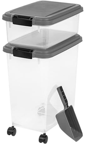 Bedding Home 50L (13.5L + 37L) 3 Piece Stackable Airtight Dog Food Storage Container | Flip Top Lid Pet Food Storage Container | Plastic Scoop Cat Treat Dispenser For Dogs, Cat (Grey)