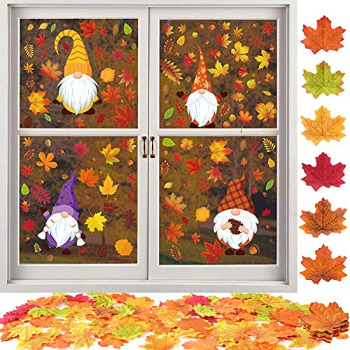 FLOFIA 150Stk. Fenster Aufkleber Selbstklebend Herbst Fensterbilder mit 100Stk. Künstlich Ahornblätter Erntedankfest Herbstlaub Blätter Karneval Thanksgiving Deko Zwerge Abziehbilder