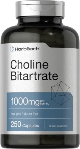 Horbaach Choline Bitartrate Supplement | 1000mg | 250 Capsules | High Potency | Non-GMO, Gluten Free