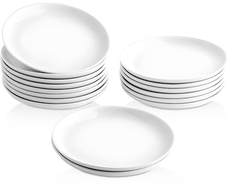 XINLTC 16 Piece Ceramic Appetizer Plates, 5.6 Inch Small Dessert Plates Set, White Round Plates for Bread, Butter, Snack, Lightweight Dinnerware Saucer Sets - Ivory, Oven, Microwave & Dishwasher Safe