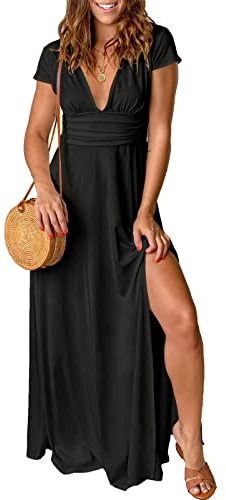 QUNERY Vestido Largo Mujer Manga Corta Vestido Mujer Verano Elegante Vestidos Cuello en V Dividido Verano para Fiesta en la Playa