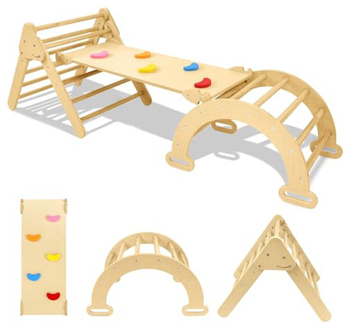 SUBTLETY Murs d'escalade autoportants 4 en 1 pour enfants - Avec triangle d'escalade et toboggan en bois de bouleau - Aire de jeux éducatif - Appareil de sport à domicile - Charge maximale : 40 kg