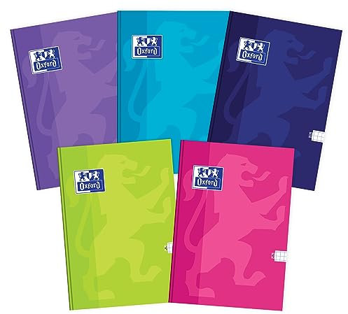 Oxford Touch Notizbuch, Kladde A5 Kariert, 96 Blätter, Hardcover Notebook, Für Schule, Tagebuch, Schreibheft, Kariertes Heft, Robuster Buchrücken, 5 Stück-Packung, Farbenmix, 400175290