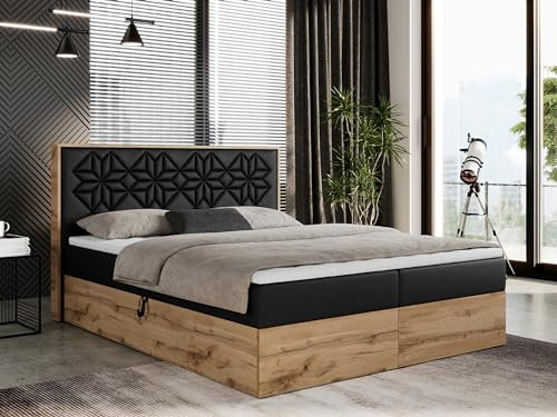 MKS MEBLE Boxspringbett 120x200 cm mit Bettkasten und Kopfteil, Polsterbett mit Matratze H3 und Topper T25, Boxspringbett mit Massivholz - Nessi - Schwarz Kunstleder