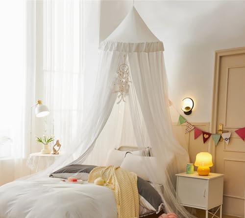 HUOQOU Betthimmel für Mädchen Doppelschicht Prinzessin Runder Kuppel Kinder Träumendes Moskitonetz Bettwäsche Mädchenzimmer Schloss Spielzelt Hängendes Haus Dekor Leseecke Baldachine(weiß/weiß)