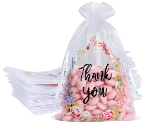 BOFUNX 30 Stücke Organzasäckchen Thank You Organzabeutel 10×15cm Weiß Geschenksäckchen Geschenkbeutel für Hochzeit Kommunion Taufe Geburtstag Party
