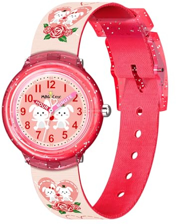 Bigmeda Montre Enfant, Montre Licorne à Quartz Analogique de Dessin Imprimés Animaux en Textiles, Montre-Bracelet pour Garçons et Filles (Amour de Lapin)