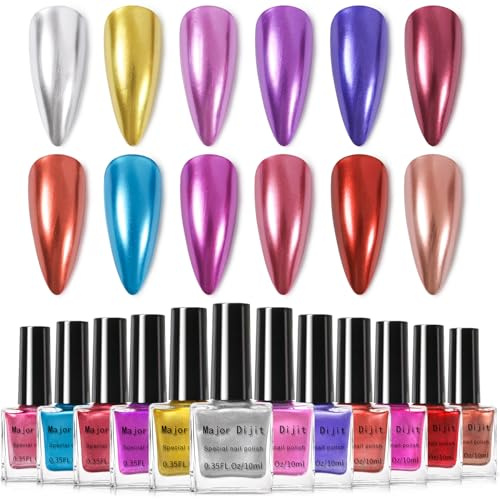 DouborQ 12 Color Metallic Nail Polish Set Holographic Nail Polish Gold Silver Purple Metal Chrome Nail Art Varnish (25-36)
