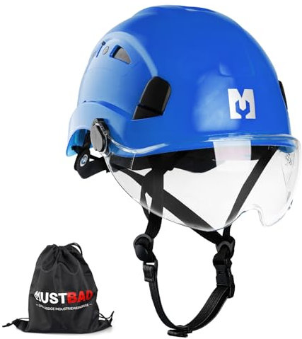 Mustbau Elmetto rigido di sicurezza da arrampicata con visiera trasparente e sottogola 53-63 cm, ideale per costruttori e lavori in altezza, EN12492 (Blu scuro)