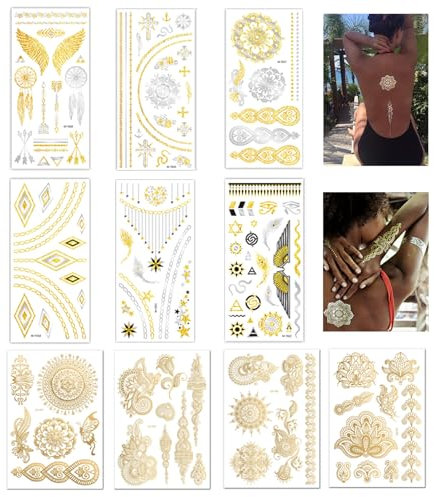 BDSHUNBF 10 Feuilles Tatouage Ephémère, Faux Tatouage, Tattoo Temporaire Doré, Tatouage Temporaire, pour Adultes Femmes Enfants