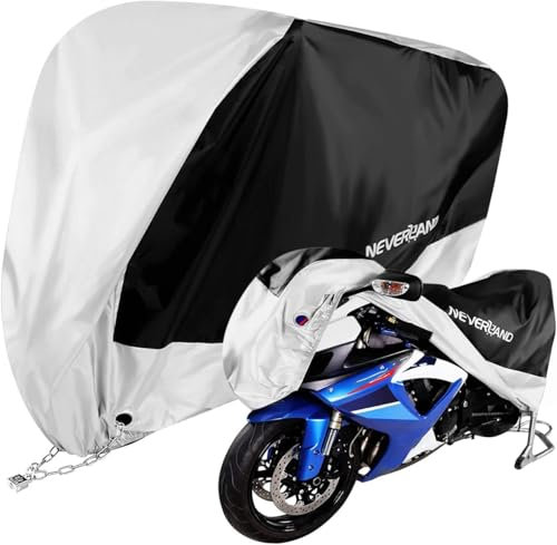 NEVERLAND Bâche de protection pour moto, extérieur, avec design réfléchissant, trous de fermeture tissés, polyester 190T 1000 PA, imperméable, protection solaire, taille XL : 245 x 105 x 125 cm