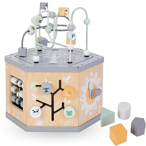 mamabrum Motorikwürfel 7-in-1 Baby Spielzeug ab 1 Jahr - Aktivitätswürfel mit Motorikschleife, Abakus, Uhr - Montessori Lernspielzeug aus Holz (27,8 x 29,7 x 34,5 cm)