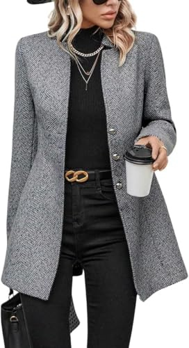 yoeasy Cappotto monopetto da donna con colletto alla coreana casual misto lana medio lungo Trench giacche invernali, Grigio chiaro, Medium