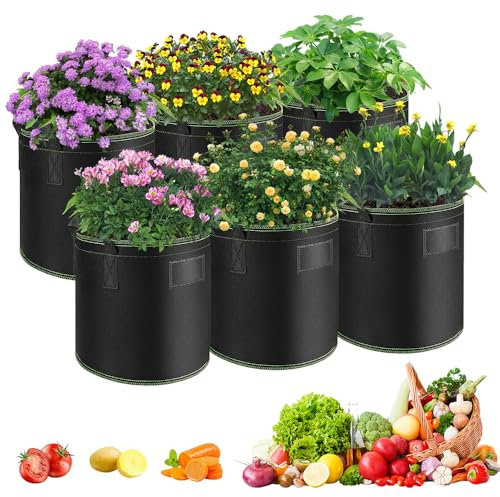 Dhqkqg 6Pcs Bolsas para Plantas, Bolsa de Cultivo de Plantas 20L, Macetas de Tela No Tejida, Bolsas de Cultivo con Asas, Bolsa de Plantación para Patatas, Tomateras, Pimiento, Fresas (Negro)