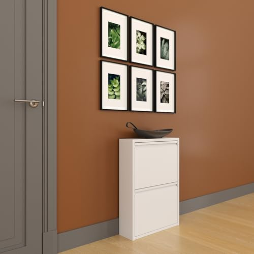 furni24 Schuhschrank Schmal – Platzsparender Metall-Schuhschrank mit Magnetklappen, Platz für 4-6 Paar Schuhe, Wandmontierbar und Vormontiert - 2 Klappen, Weiß