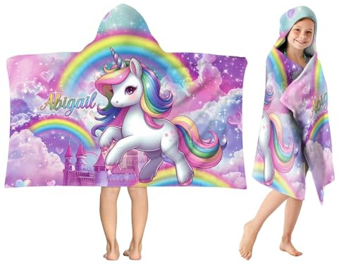 Jodimitty Personalised Hooded Beach Towel for Kids 76x127cm Microfibre Poncho Towel with Concealed Button, Custom Name, Lightweight Quick Dry Bath Towel, Customised Gift (Unicorn)