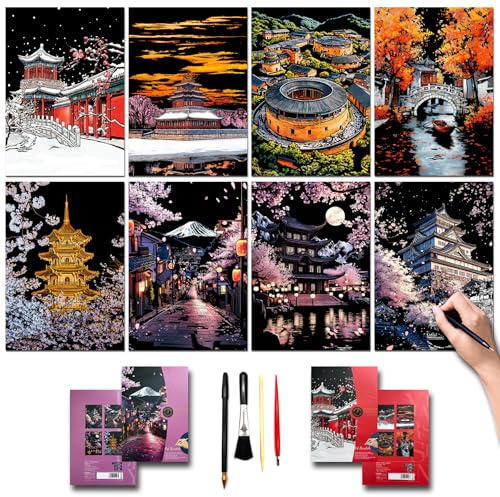 SiYear Lot de 8 Feuilles de Papier de Peinture à gratter pour Adultes et Enfants, série Monument, scène de Nuit, Tableau à gratter, Cadeau créatif, Gravure en Feuille d'aluminium avec 4 Outils