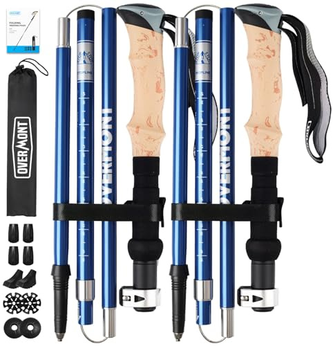 Overmont Bastoni Trekking e Escursionismo Pieghevoli in Alluminio Ultraleggeri - Regolabili 110-125 cm - 1 Paio Nordic Walking con Accessori Tutti i Terreni - Montagna, Neve - Blu