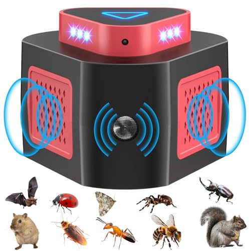 Ultrasónico para Ratas, Ultrasonido contra Ratones 360° Ahuyentador de Topos con Luz LED Repelente Ultrasónico de Plagas Roedores Ahuyentador Cucarachas para Jardín