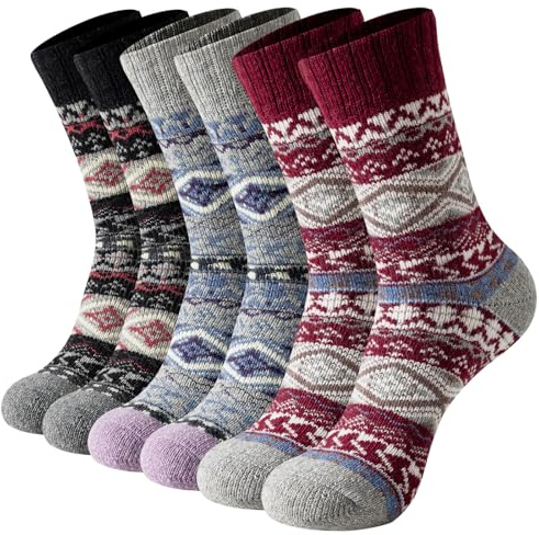 BONANGEL Chaussettes Chaudes en Laine Femme Hiver 3 Paires Chaussettes Thermique Fantaisie pour Ski Cadeau pour Noël