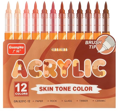 VAKKI Skin Tone-Red Brown Akrylpennor i 12 färger, vattentäta pennor med flexibel spets (0,5–1 mm) för målning av stenar, keramik, glas, trä, canvas