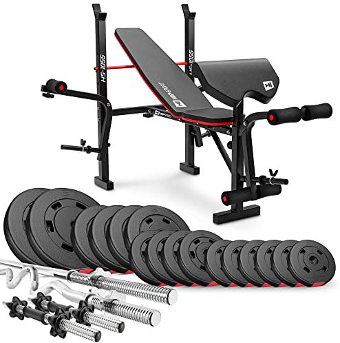 Hop-Sport Hantelbank mit Gewichten HS-1055, klappbare Trainingsbank mit Curlpult, Butterfly und Beincurler Inkl. 38 kg - 129,5 kg Hanteln Set
