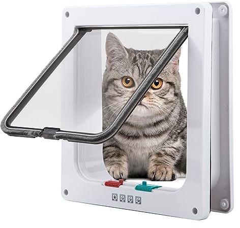 Tkoofn® - Porta basculante magnetica regolabile, di sicurezza, a 4 modalità, per cane e gatto L bianco
