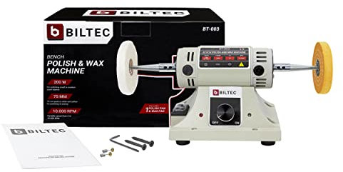 BILTEC Pulidora de banco, pulidora de mesa, con 2 almohadillas de 75 mm, 200 W, enchufe de la UE, 10.000 RPM, máquina de pulido eléctrica, pulidora pequeña, pulidora de joyas