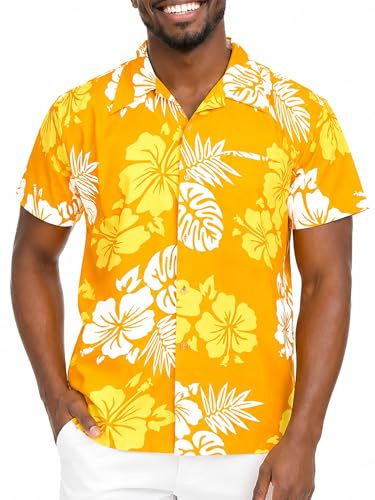 King Kameha Camisa Hawaiana para Hombre de Manga Corta con Estampado de Hibisco y Hojas Tropicales, Mono-Hibiscus, Amarillo-Blanco, XS
